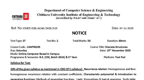 CSE 24APS0105: ST Test 2 Notice for Discrete Structures - Studocu