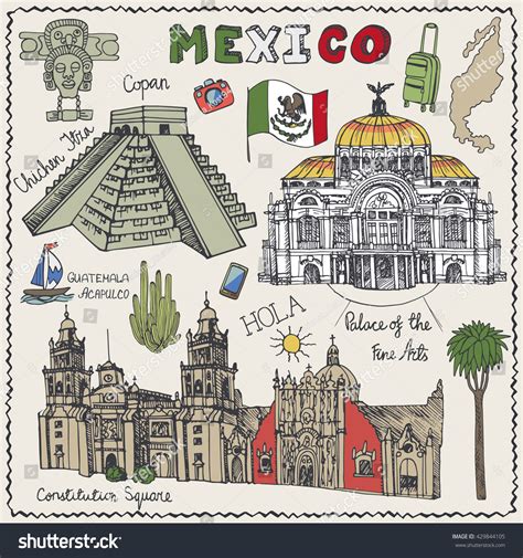 Travel Mexico Famous Landmarksvector Hand Drawn: เวกเตอร์สต็อก (ปลอดค่า ...