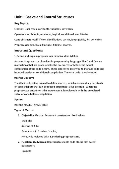 C important questions - hghghg - Unit I: Basics and Control Structures ...