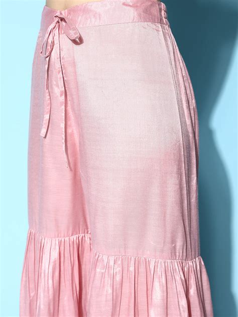 Buy Sunehri Women's Chanderi Silk Pink Embroidered A-Line Kurta Sharara ...