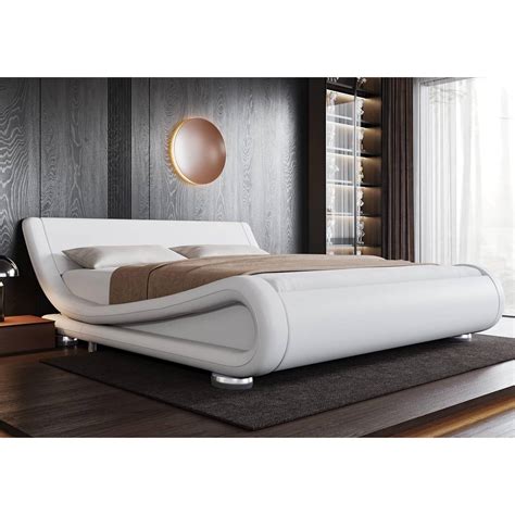 King Modern White Upholstered Platform Bed Frame with Sleigh Curved ...