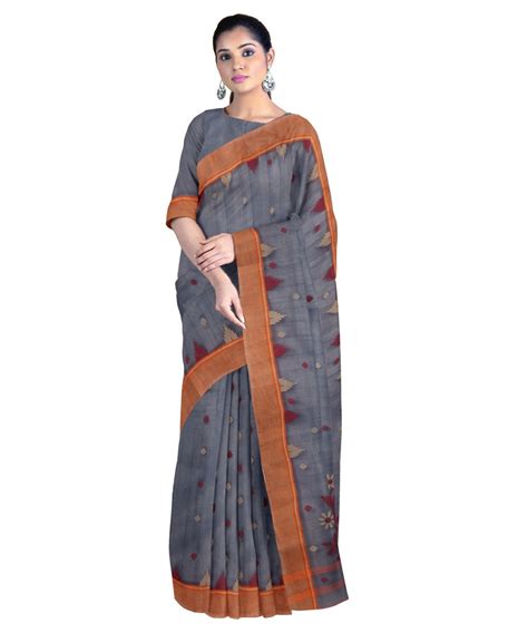 Tantuja grey black handloom cotton silk jamdani saree – GoCoop