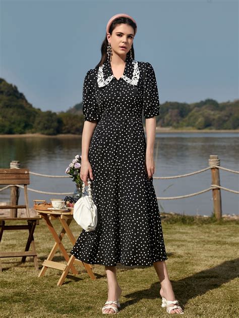 Polka Dot Guipure Lace Detail Fake Button Puff Sleeve Dress | Fashion ...