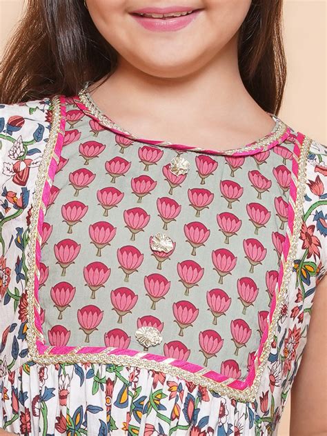 Bitiya by Bhama Girls Off white Printed Short Kurta with Afgani Salwar