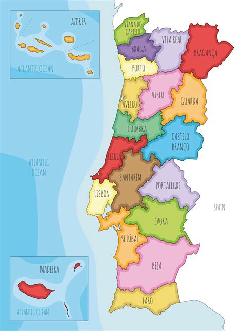 illustrated regional map of Portugal with districts, autonomous regions and administrative ...