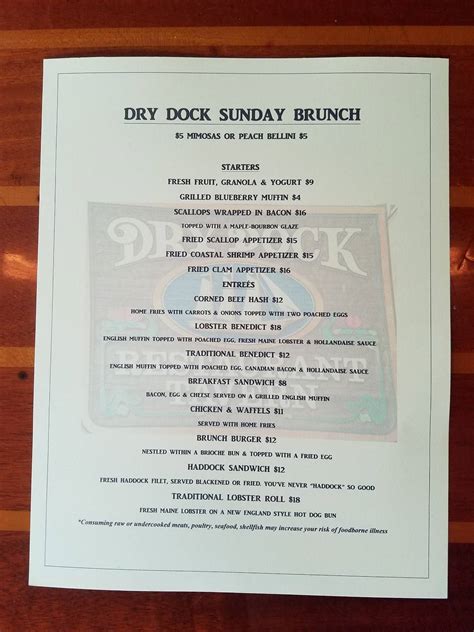 Menu at Dry Dock Restaurant Tavern, Portland