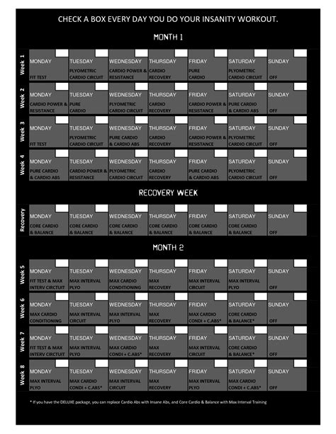 Printable Insanity Workout Calendar
