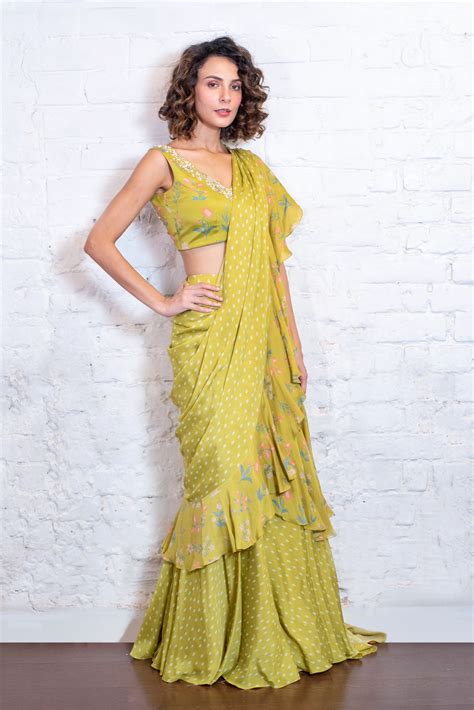 Green floral drape sari & embellished blouse set – Vasavi Shah Label