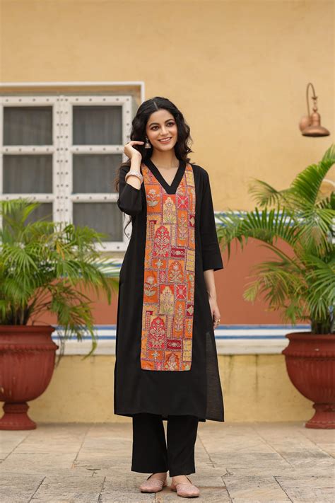 Buy Women's Black Embroidered Kurta Set Online in India | Anayna