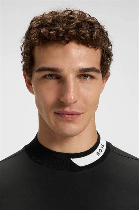 BOSS - Stretch-cotton T-shirt with logo collar - Black