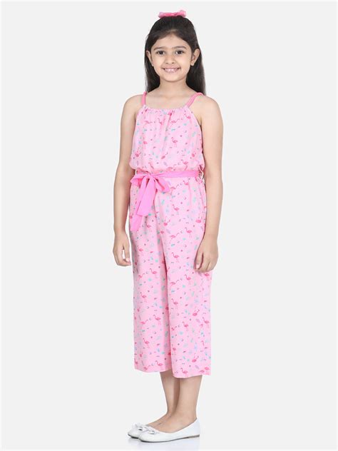 Girls Flamingo Printed Jumpsuit with Pink Belt – Stylestone