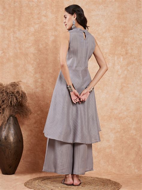 Light Grey Lurex Halter Neck W/S Kurta Palazzo Set
