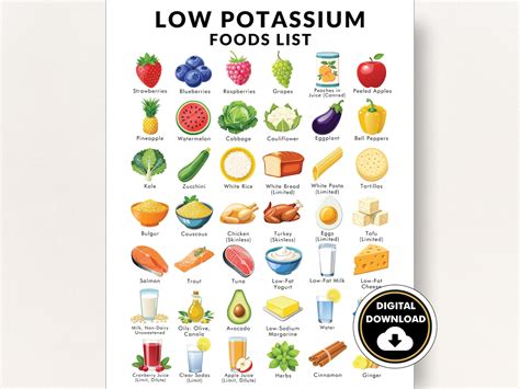 Low Potassium Foods List, Low Potassium Diet Poster, Low Potassium Diet Printable PDF - List of ...