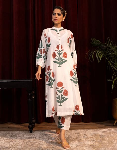 White Mughal Print Balloon Sleeve Mogra Kurta Set – Misri By Meghna Nayyar