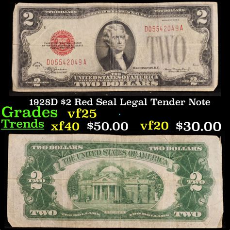 1928D $2 Red Seal Legal Tender Note Grades vf+