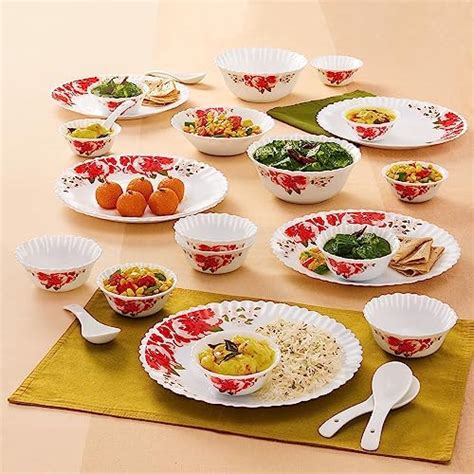 Larah by Borosil Rose Red Silk Series Opalware Dinner Set | 27 Pieces ...