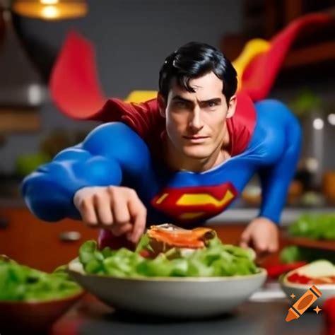 Superman flying in a salad cooking show setting on Craiyon