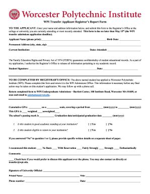 Fillable Online WPI Transfer Applicant Registrar's Report Form.docx Fax ...