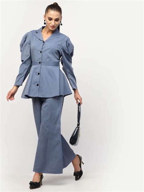 Denim Peplum Top With Trouser Co-Ord Set