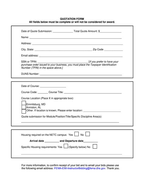FEMA Quotation Form - Blank Fillable Template | Fill Out, Print ...