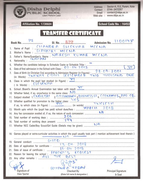 Disha Delphi Public School: TC-Issued by DDPS