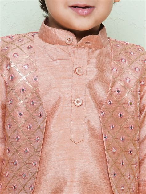 Kids Boys Peach Mirror Embroidery Cotton Blend Dhoti Set – AJ Dezines