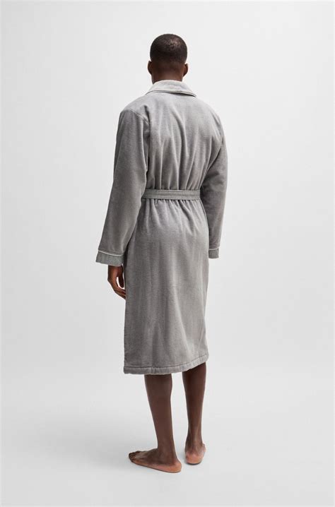BOSS - Grey cotton-velvet dressing gown with embroidered logo - Grey