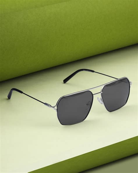 Men Premium Polarised UV Protected Black Lens Silver Toned Rectangle S ...