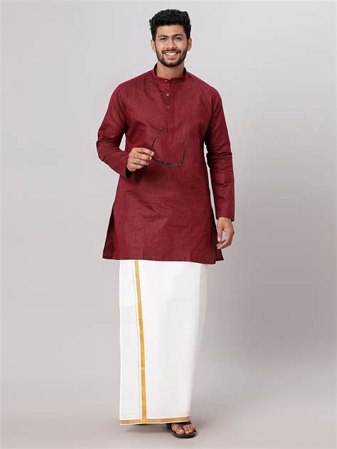 Mens Maroon Medium Length Kurta with 3/4" Gold Jari White Dhoti Set FS7 ...
