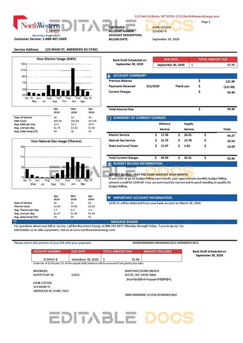 USA NorthWestern Energy utility bill template in Word and PDF format ...