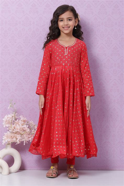 Red Cotton Anarkali Kurta Churidar Suit Set