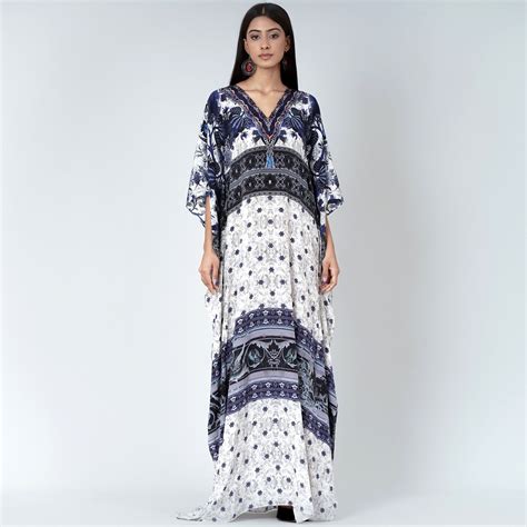 White and Blue Porcelain Print Embellished Silk Full Length Kaftan ...