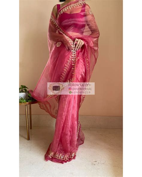 Pink Glass Tissue Saree with Gota Patti border – kreationbykj