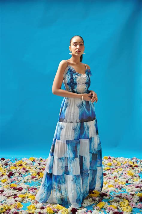 Blue Wave Printed Strappy Long Dress