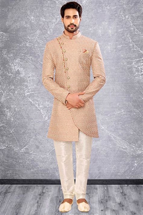Buy Peach Brocade Fabric Magnificent Readymade Men Indo Western For ...