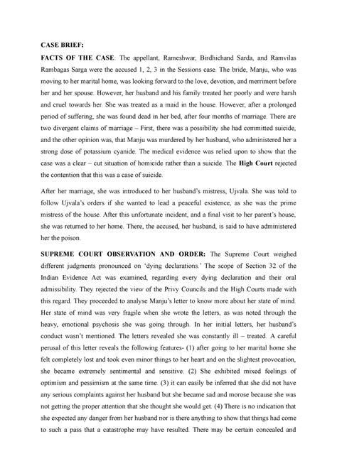 CASE Brief - CASE BRIEF: FACTS OF THE CASE : The appellant, Rameshwar ...