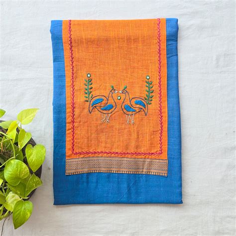 DIVYA- Pure Cotton Blue With Orange Embroidery Yoke Pre-Design Kurta ...