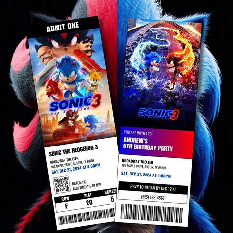 Sonic 3 Movie Ticket Birthday Invitation, Editable Sonic 3 Invitation ...