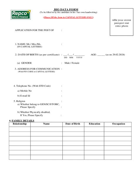 Image result for Bio Data Form PDF