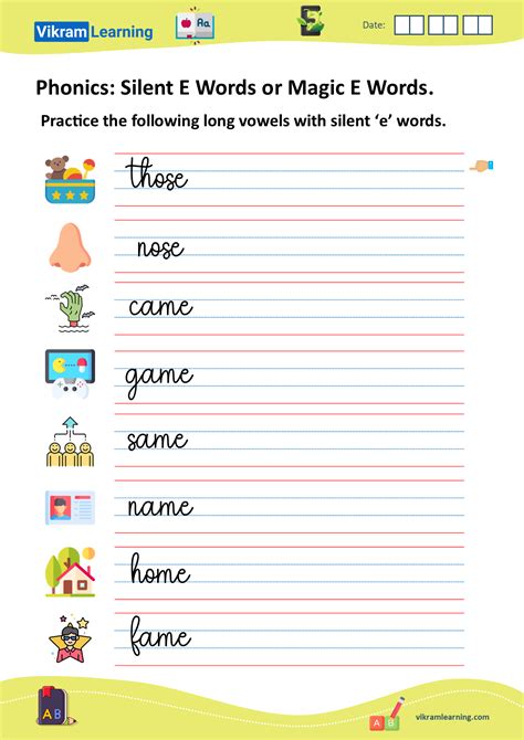 Download phonics silent e words or magic e words worksheets for free | vikramlearning.com