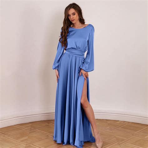 Satin Dress Long Sleeve Floor Length Dress Evening Party Dress Open ...