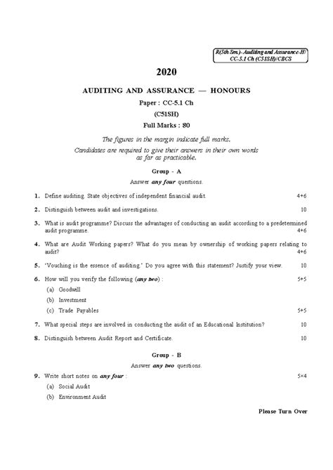 CU-2020 B. Com. (Honours) Auditing Semester-V Paper-CC-5.1CH QP - ( 1 ...