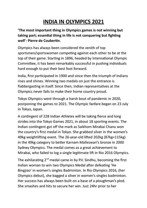 India IN Olympics 2021 N - INDIA IN OLYMPICS 2021 ‘The most important ...