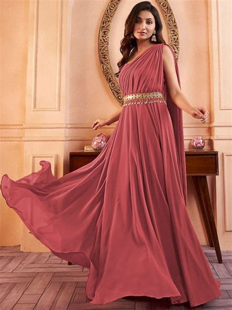 Peach Sleeveless Maxi Ethnic Dress With Embellished Belt Inddus.in