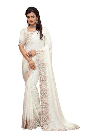 Buy Manu Fashion Era Cream Heavy Sequence Coding Embroidered Border ...