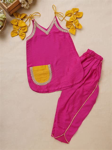 Pink Lace Work Chanderi Kurta with Dhoti Pants - Set of 2