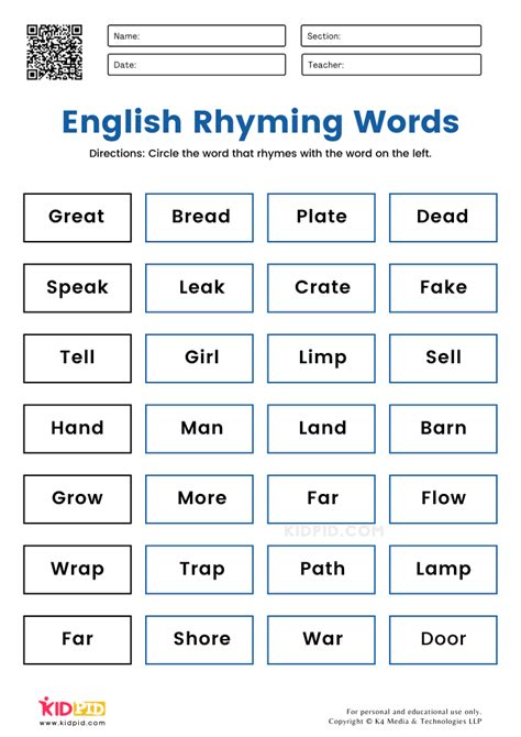 Rhyming Words Worksheet For Grade 1 - Printable Word Searches