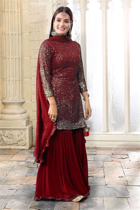 Maroon Georgette Sequins Embroidered Gharara Suit Set – Meena Bazaar