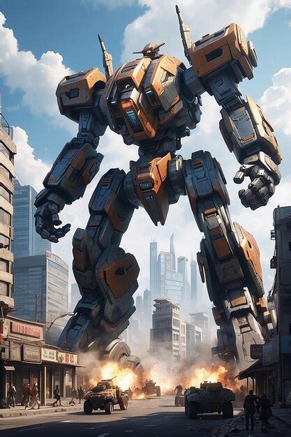 A cityscape with buildings that transform into giant mechs during ...
