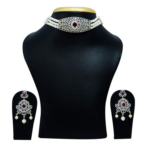 Sparkling Triple Line Pearls Choker With SP Ruby Zircon Pendant | Pure ...
